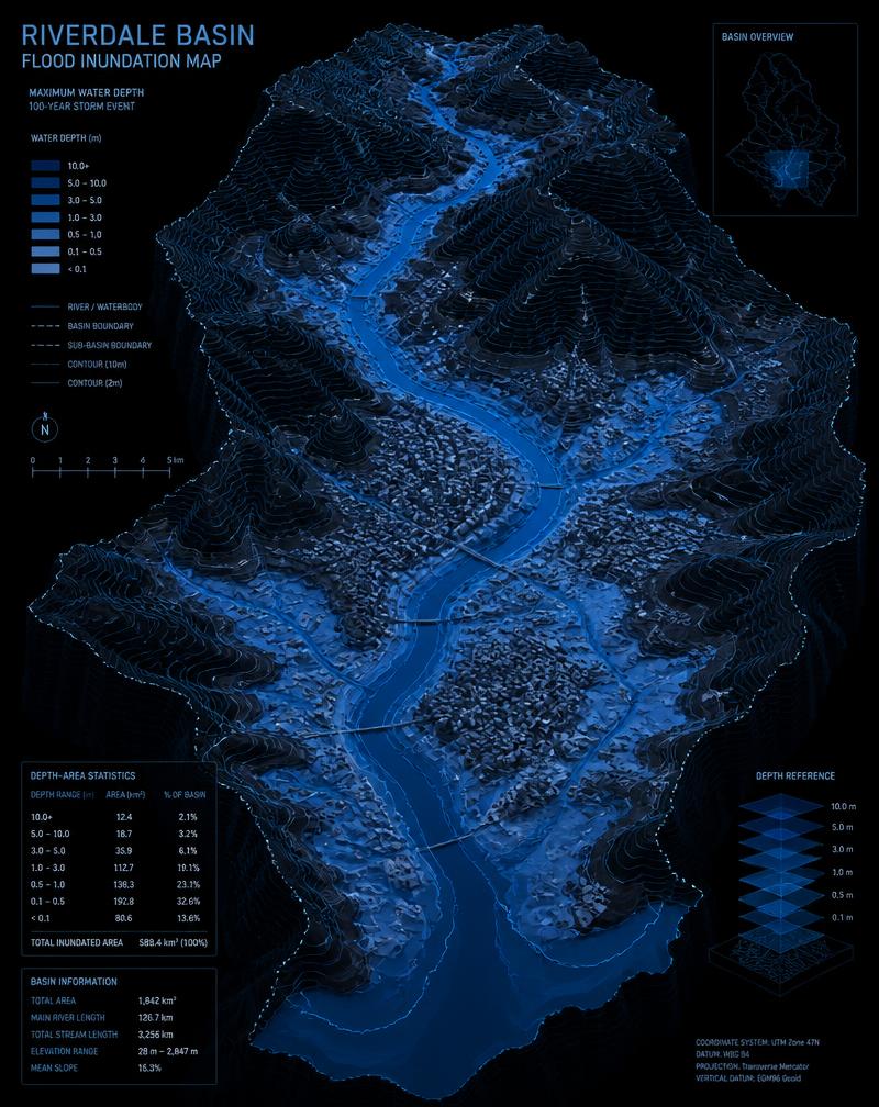 Basin flood inundation model showing predicted water depth across a river catchment